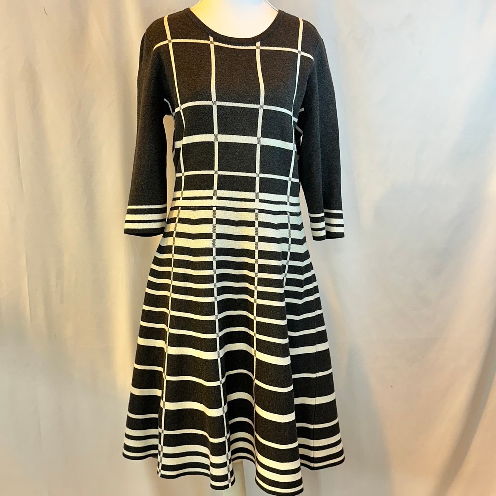 Liz Claiborne Women Large Sweater Dress Gray White Windowpane Plaid Striped Mod